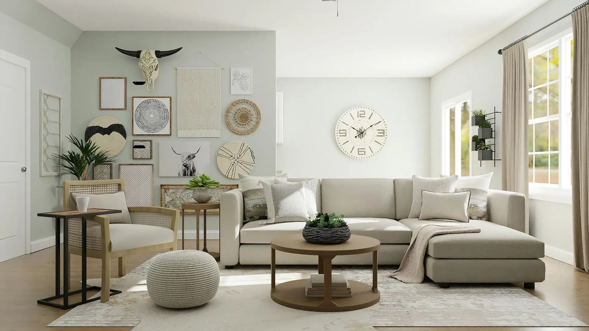 Salon avec table basse, fauteuil, canapé et tableaux au mur