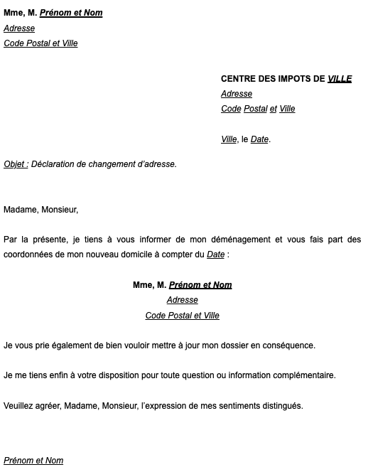 modèle de lettre déménagement impôts