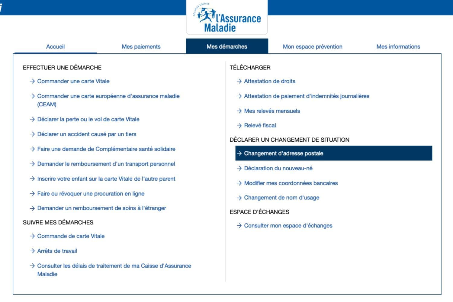 Procédure permettant de déclarer un changement d’adresse sur Ameli.fr
