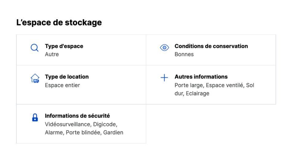 Détails d’un espace loué par un particulier (type d’espace, de location, conservation, sécurité…)