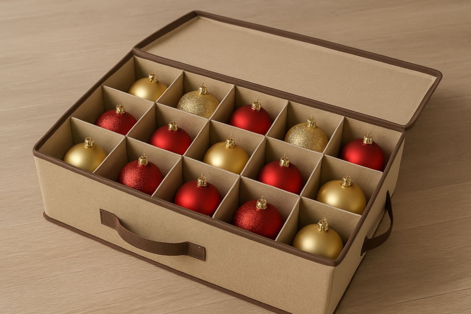 Boîte compartimentée contenant des boules de Noël rouges et dorées
