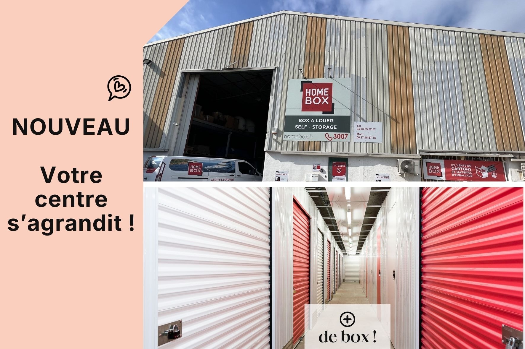 Visuel d'extension du centre avec façade extérieure et couloir intérieur de boxes, HOMEBOX Cannes La Bocca, 47 avenue Maurice Chevalier à Cannes la Bocca
