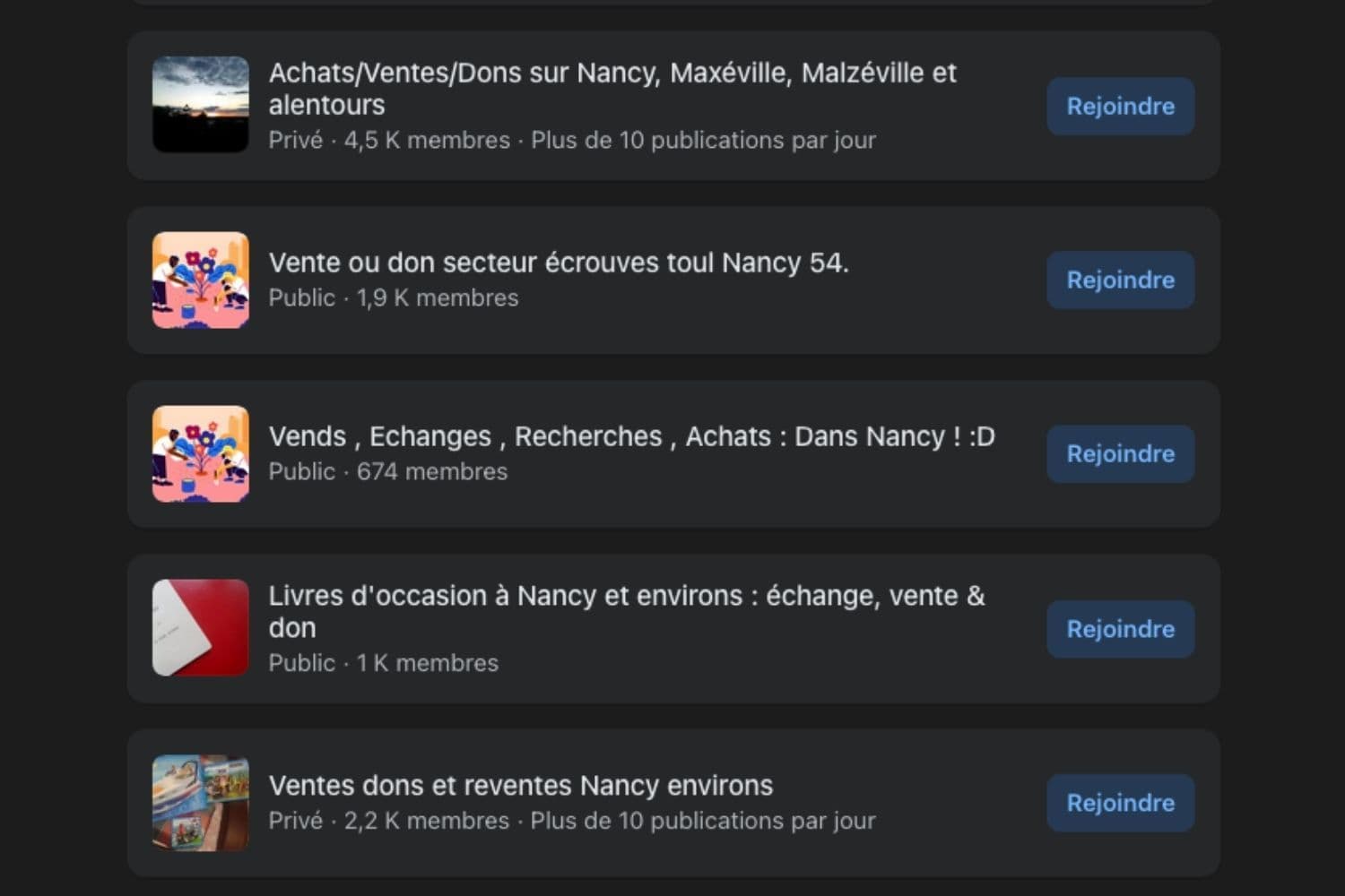 Capture d’écran de différents groupes d’entraide à Nancy sur Facebook